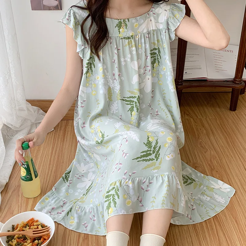 Sleeping Dress Women\'s Summer Nightgowns Thin Cotton Loose Sleeveless Nightdress Sweet Printed Girls Night Wear Home Clothing