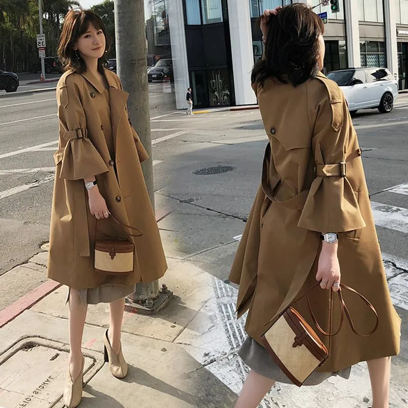 

Nice Autumn khaki Windbreaker Female Bell Sleeve Casual Loose Trench Coat With Sashes Elegant Ladies Overcoat Outerwear R418