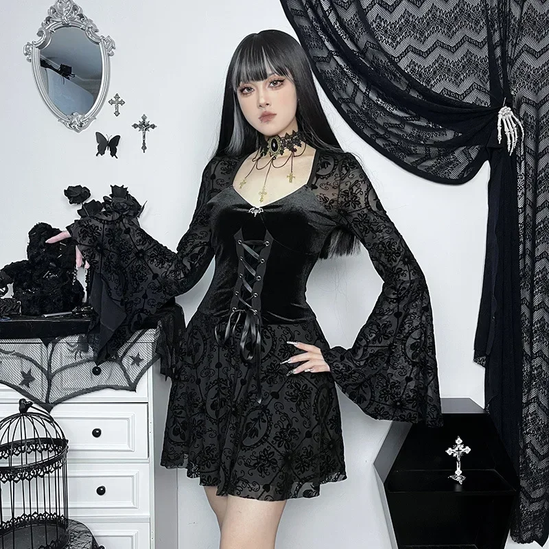 Goth Elegant Vintage Mall Gothic Velvet Dresses Grunge Punk Style Flocked Bandage Dress Women Flare Sleeve Party Alt Outfit