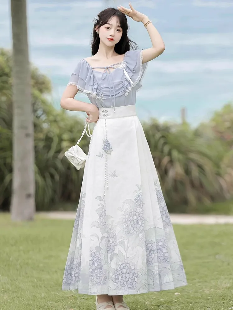 

Hanfu women's summer blue printed horse face skirt Hanfu long pleated skirt with zipper suitable for daily wear chinese dress