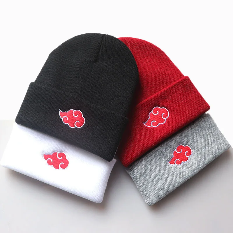 Anime Naruto Knitted Hat Boy Girl Red Cloud Uchiha Embroidered Pullover Hat Men Female Street Hip-Hop Hat Children Holiday Gifts