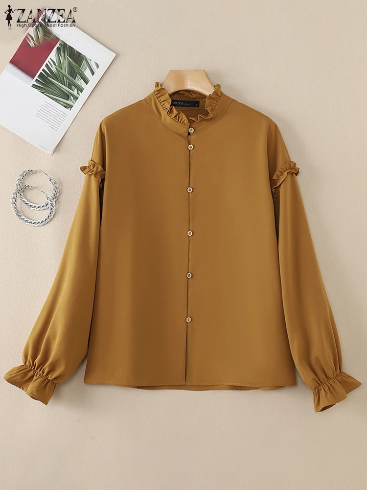 ZANZEA 2025 Spring Ruffle Collar Chemise Femme Lantern Sleeves Long Sleeve Women Button Up Blouses Casual Elegant Solid Shirts