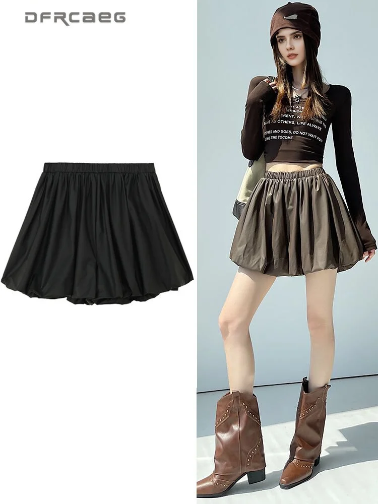 الخريف الشتاء خمر بولي Leather الجلود برعم السراويل للنساء مرونة عالية الخصر الشارع الشهير فضفاض الساخن الحلو سراويل قصيرة سيدة #1