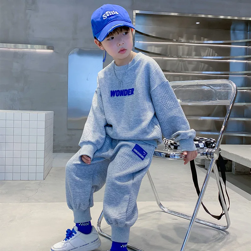 2025 Spring 4-12Y Kids Boys 2PCS Clothes Set Letter Printed Round Collar Pullovers Suit Casual Sports Pant Junior Boys Tracksuit