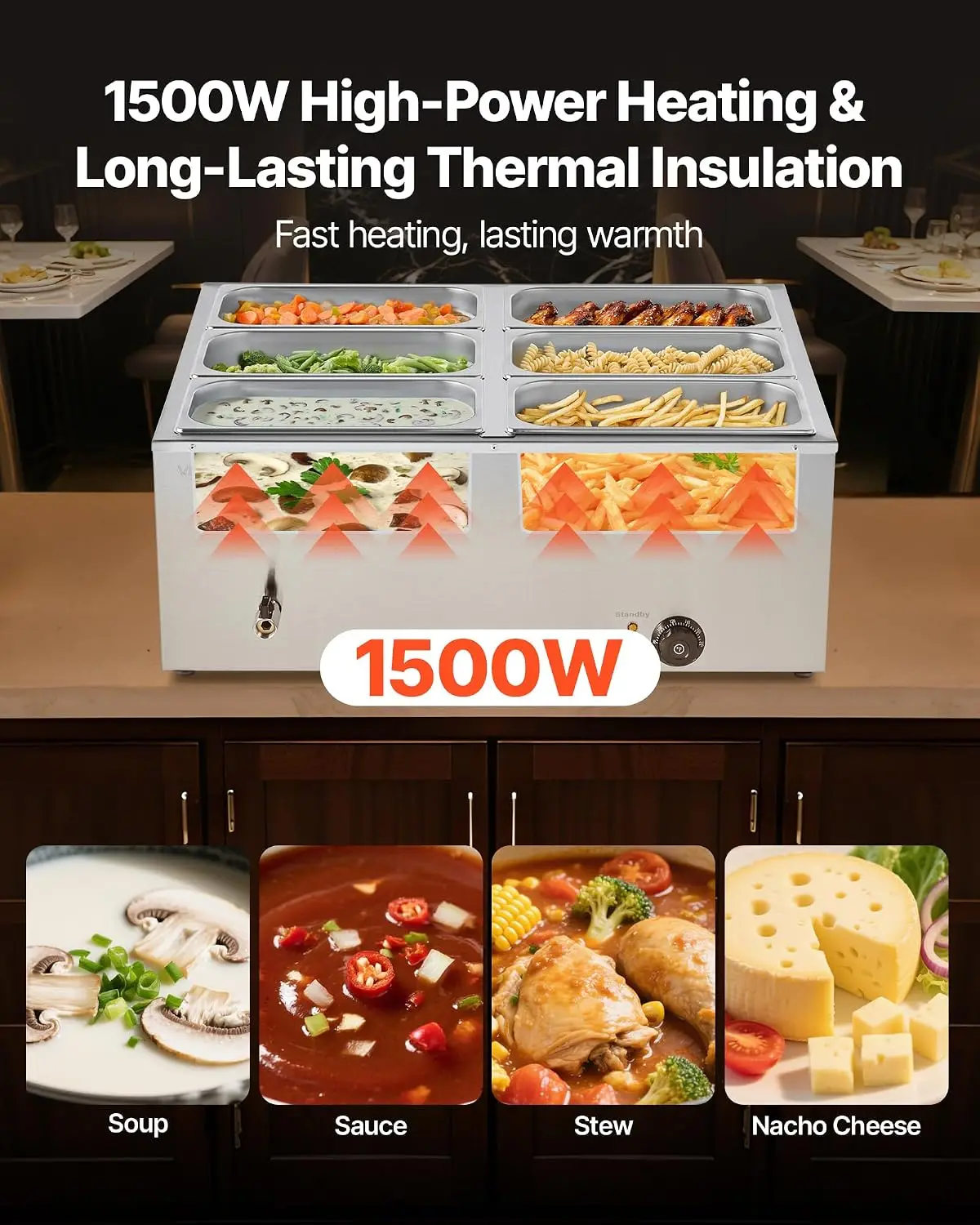 Commercial Food Warmer, 1500W Electric Stainless Steel Steam Food Warmer with Lid, 6-Pan Fast Heating Countertop Buffet Bain Mar