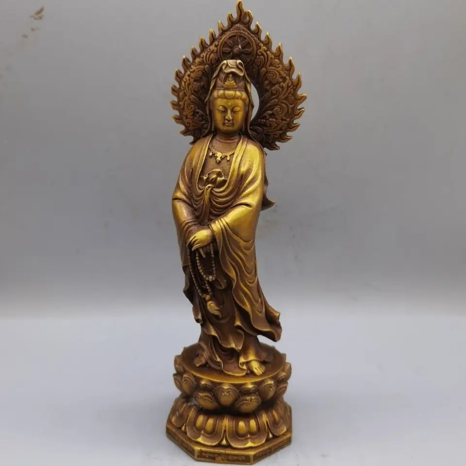 Copper standing lotus Guanyin Statue Buddhist Buddha Statue Office Home Decor Gift for Desk Ornament