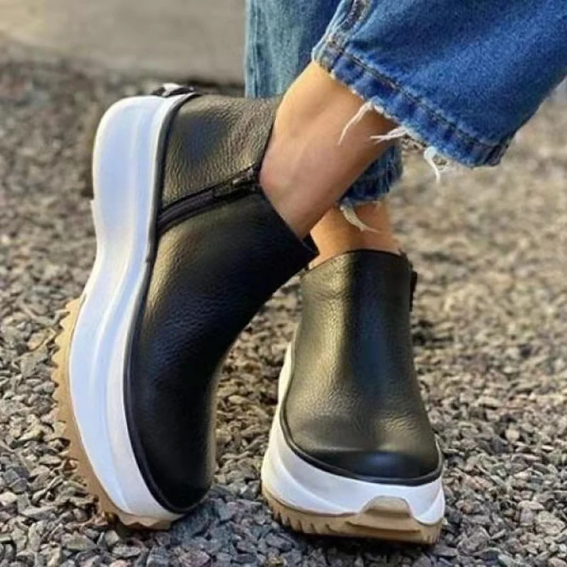 Women Leather Boots Round Toe Side Zipper White Bottom Ladies Platform Shoes Solid Color Daily Walking Female Ankle Booties