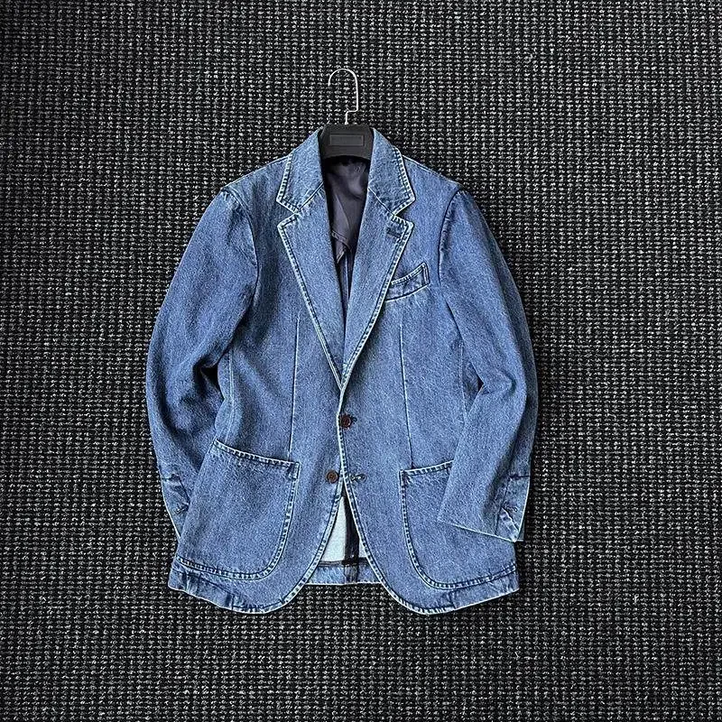 Haute couture unstructured heavy industry washed denim suit men's casual retro gentleman flat barge collar suit