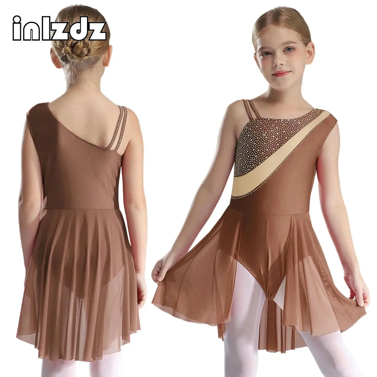 

Kids Girls Lyrical Dance Dress Ballet Figure Skating Asymmetrical Sleeveless Rhinestone Gymnastics Leotard Contemporary Costume