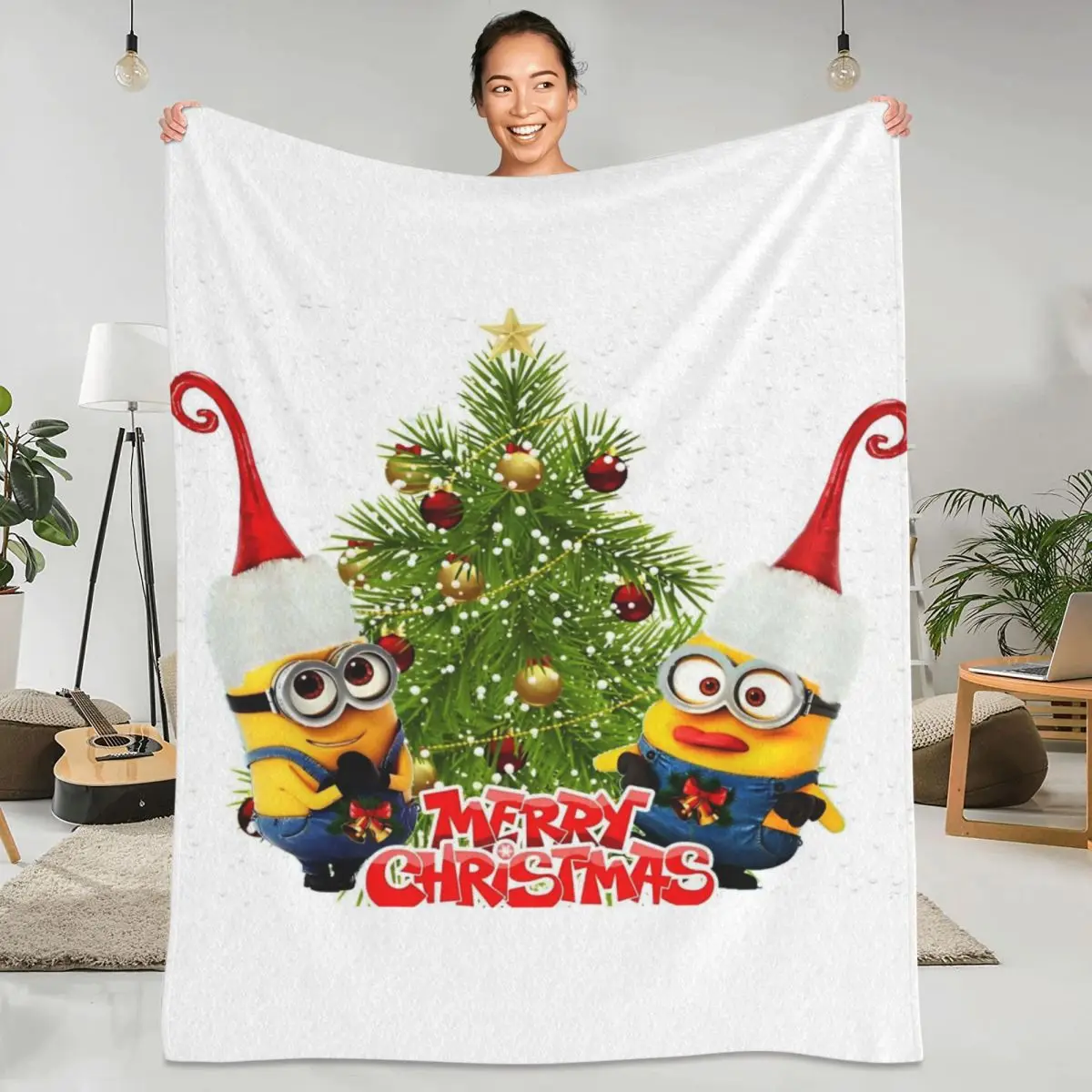 Christmas Cute Minions Cartoon Blanket Yellow Big Eyes Camping Flannel Throw Blanket For Couch Chair Soft Quality Bedspread Gift