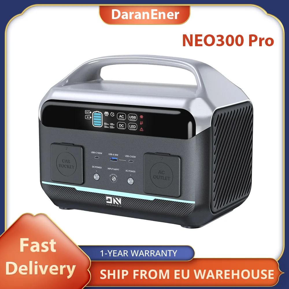 DaranEner NEO300 Pro Portable Power Station, 299Wh LiFePO4 Battery, 600W AC Output, 5 Ports,100W USB-C, 4 LED Mode