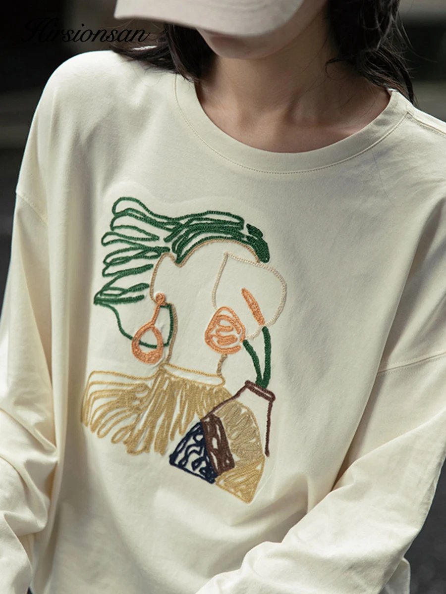 

Женская футболка с длинными рукавами и принтом Hirsionsan, свободный крой из чистого хлопка, базовый топ с круглым вырезом