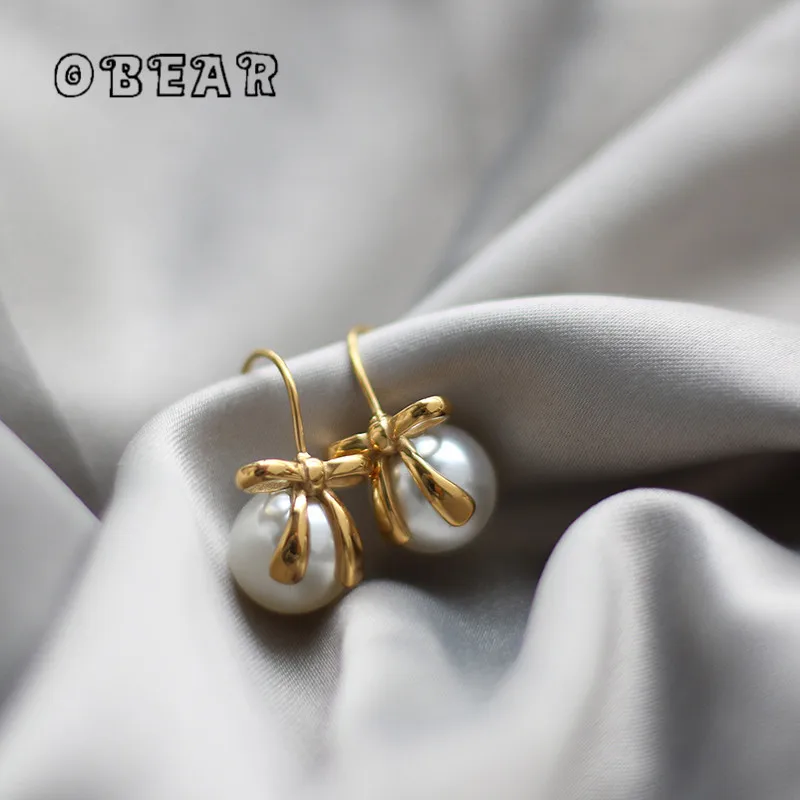 French Temperament Bow Ribbon Imitation Pearl Earrings  for Women Stainless Steel Plated 18K Gold Jewelry Wholesale