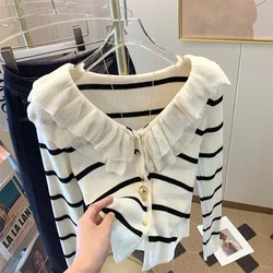 Slim Short Long Sleeved Top French Ruffle Style Knitted Cardigan Mujer Y2k Sueter V Neck Outwear Black Striped Sweaters