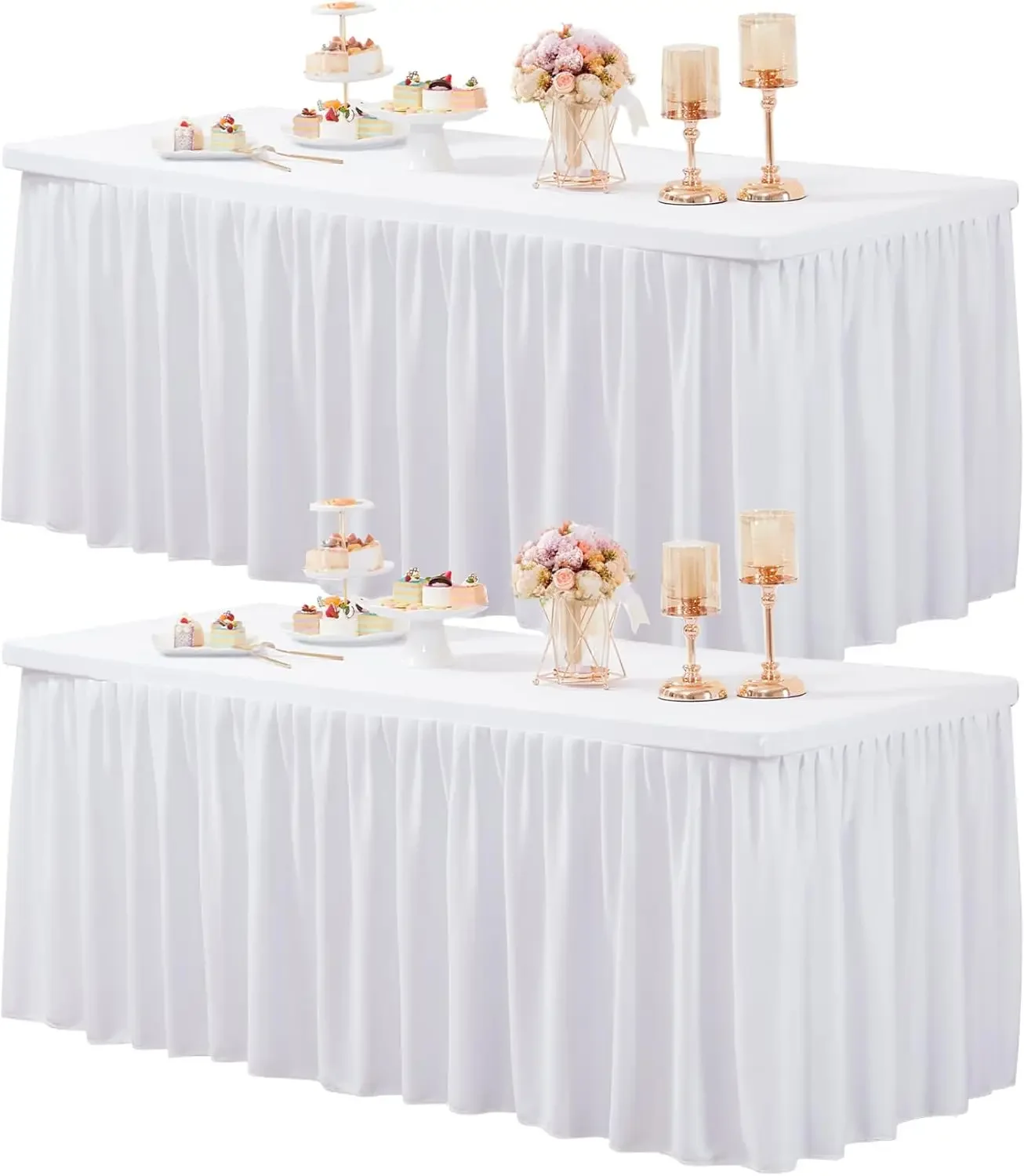 

2 Pack White Table Cloths for 6 foot Rectangle Tables Fitted, Open Back Stretch White Ruffle Tablecloth for Craft Show Party