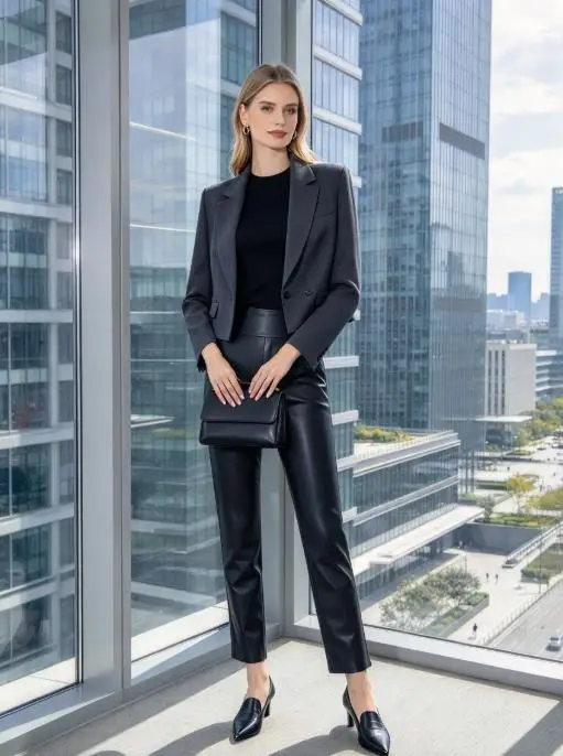 Autumn Winter Women's Black Faux Leather Pants, Wide Waistband, Straight Leg, Office Slim Fit PU Trousers