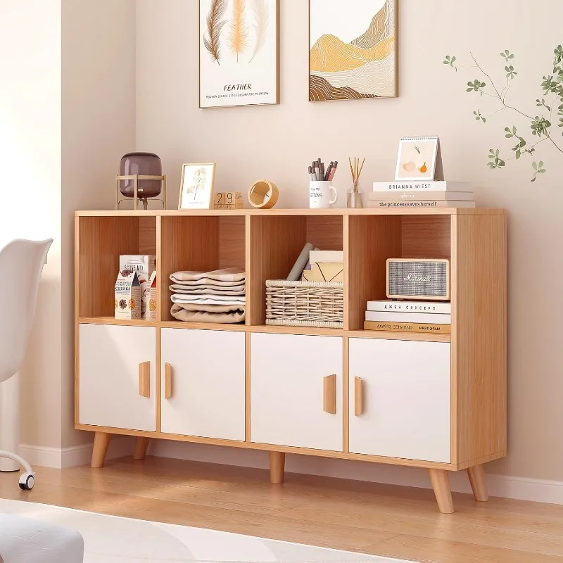 Cubby Shelf Bookcase with Doors - Wooden 8 Cube Floor Standing Open Bookshelf with Solid Wood Legs, 2-Tier Low Storage