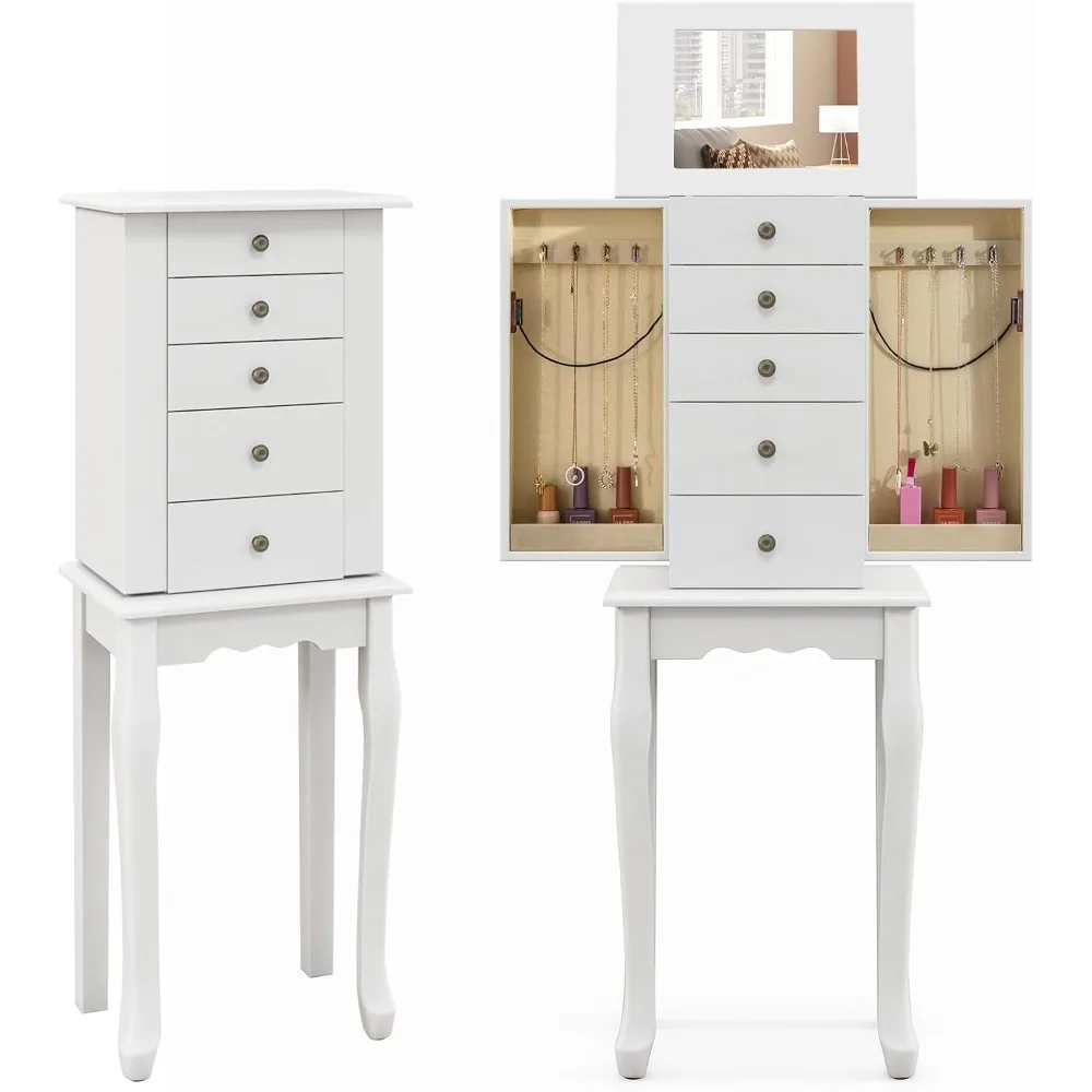 

Tall Jewelry Armoire with 4 Drawers, Flip-Up Mirror, Top Storage, and 8 Necklace Hooks