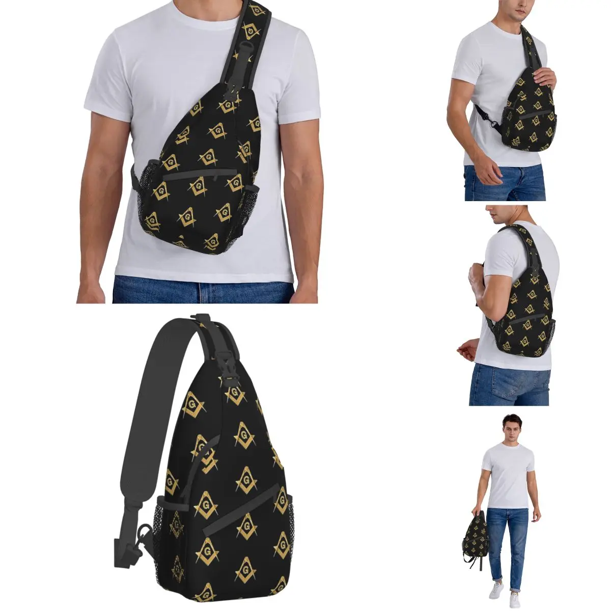 Freemason Pattern Sling Bags Chest Crossbody Shoulder Sling Backpack Hiking Travel Daypacks Gold Black Square Masonic Men Women