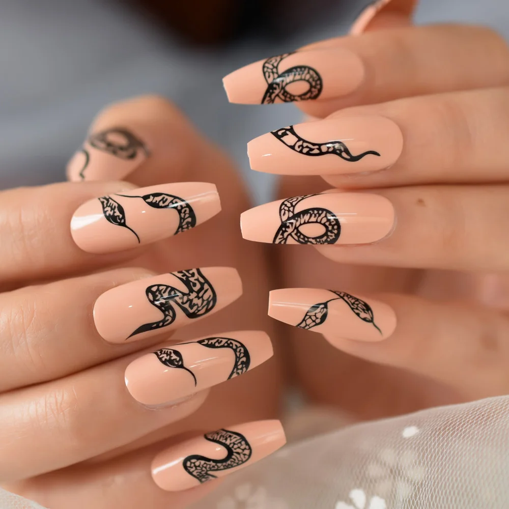 24pcs/set Punk Black Snake Pattern Nude French Press on False Nails Extra Long Coffin Ballerina Fingersnails Manicure Tools