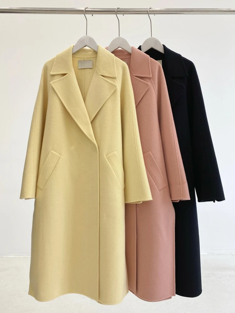 

Solid Color Double-sided Cashmere Wool Coat Women Long Autumn Winter New Loose Fashion Side Split Woolen Coats Warm Belt Female