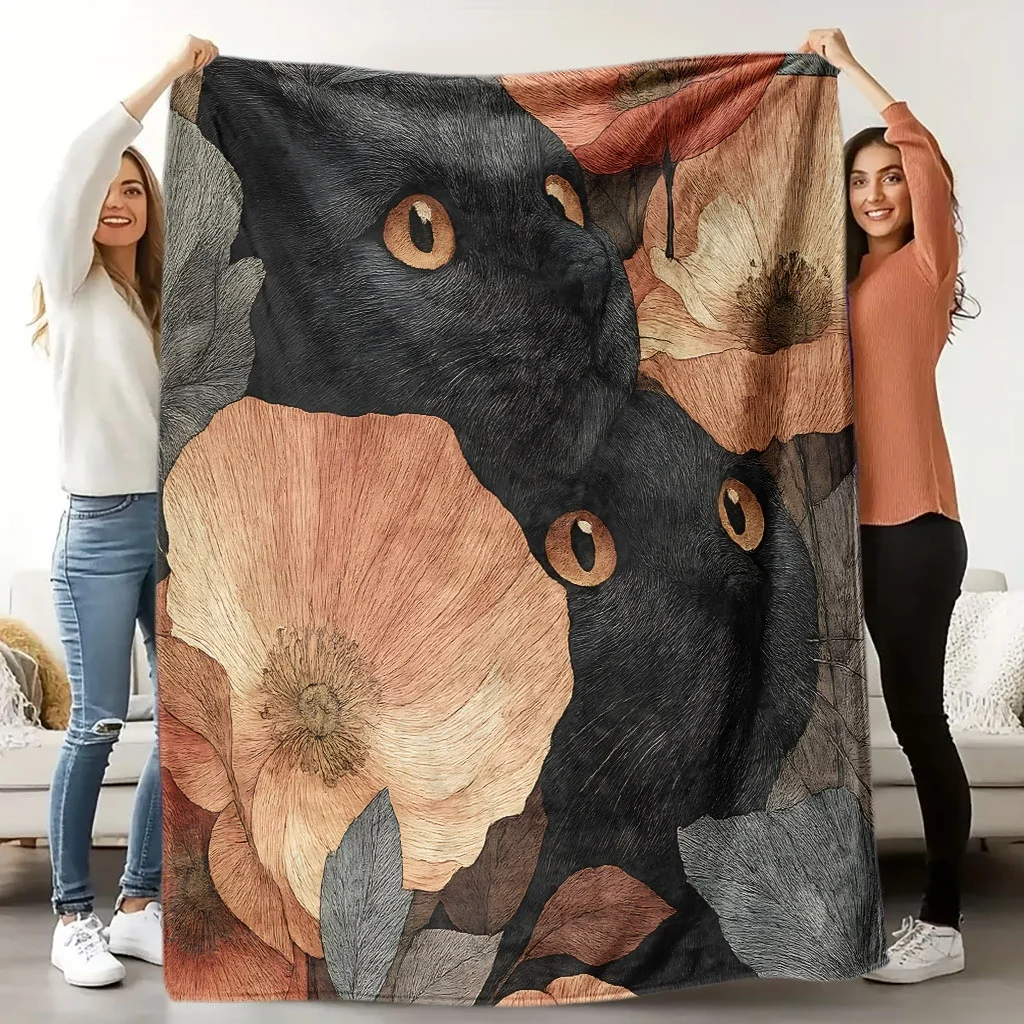 1pc Soft Cat and Flower Theme Flannel Blanket | High-Definition Digital Print, Sofa Throw, All-Season Use, Soft and Breathable