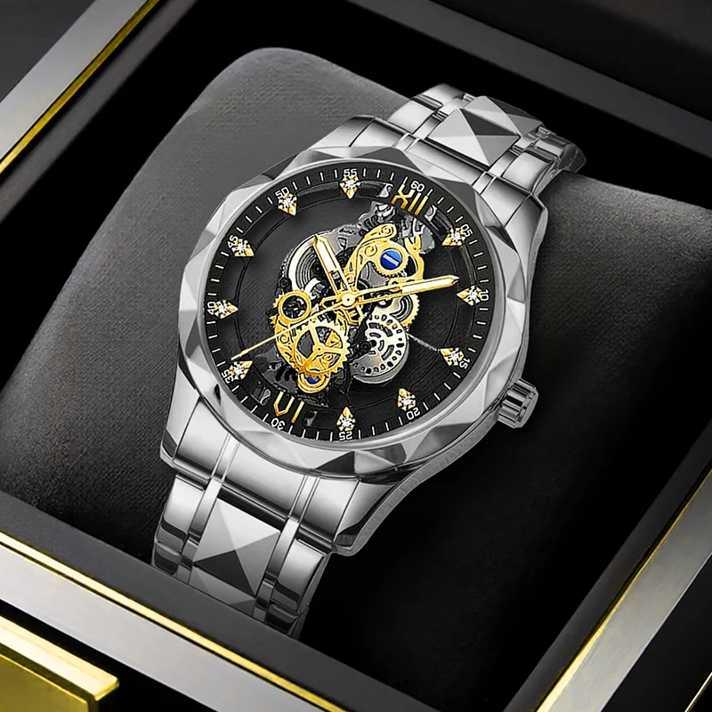 

Мужские практичные повседневные модные кварцевые часы с серебряным стальным ремешком, бриллиантами и полым дизайном.