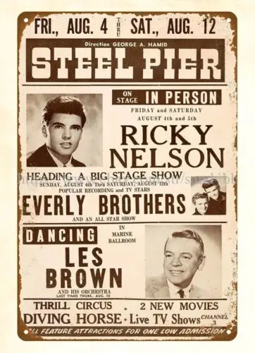 1961 Ricky Nelson, Everly Bros Atlantic City NJ Concert Poster metal tin sign