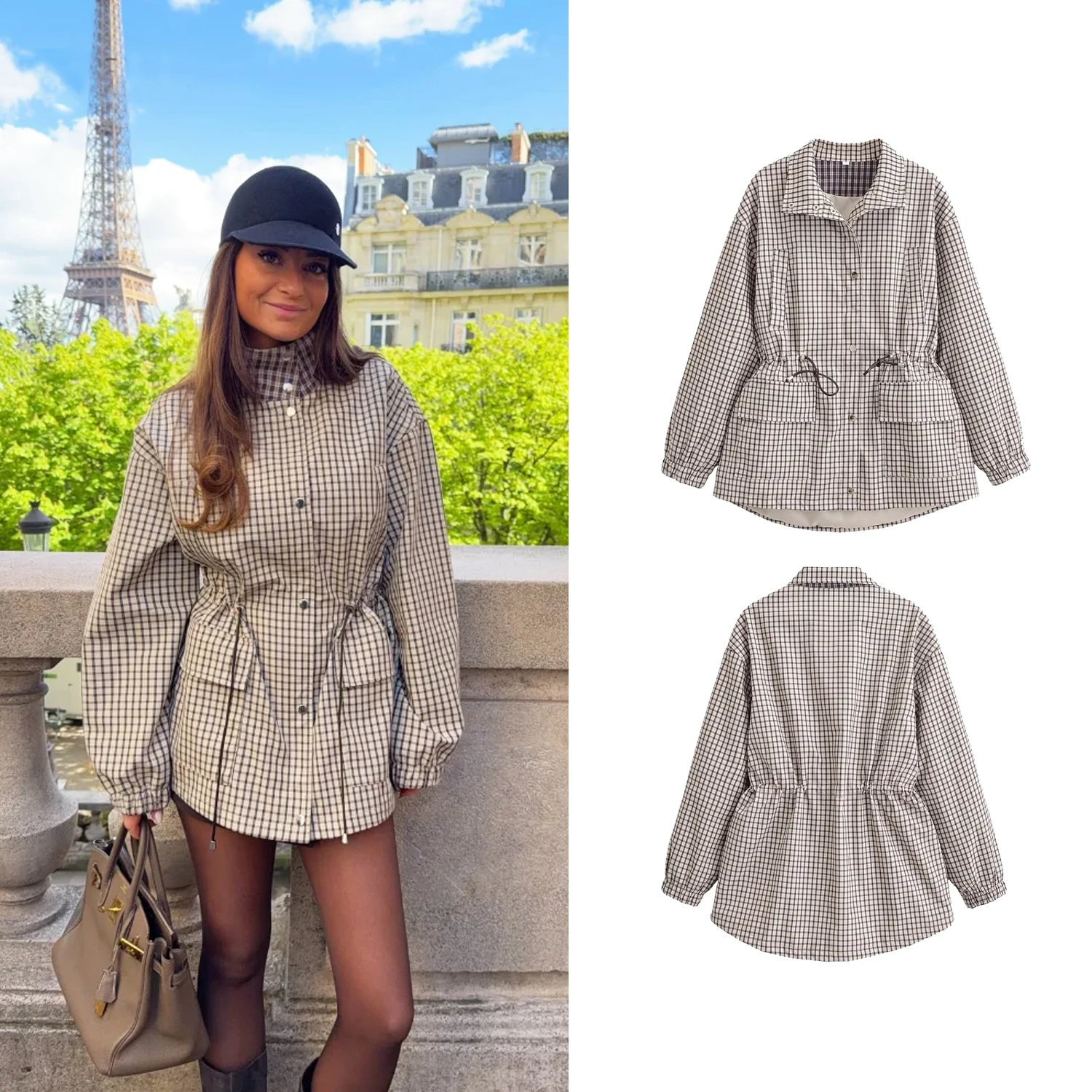 Women's Causal Long Sleeved Grid Coats Spring New Female Chic Drawstring Tight Loose Trench Lady Single Breasted Pocket Jackets