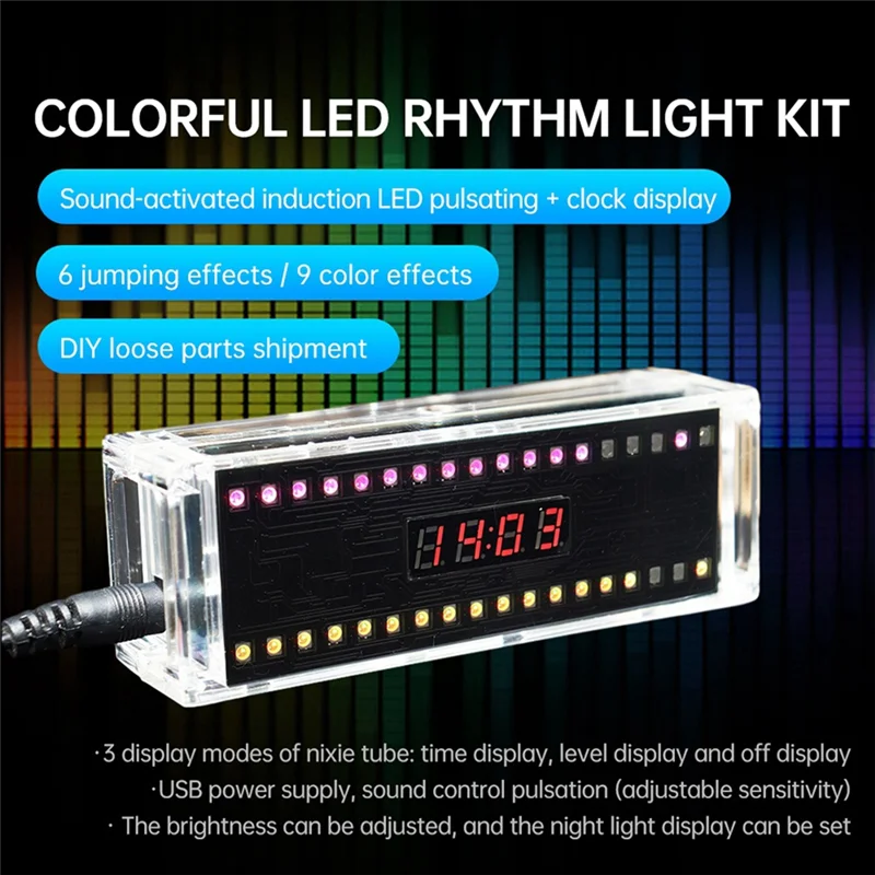 ABKU-DC 5V Colorful LED Sound Control Spectrum Rhythm Light Module Digital Clock Electronic DIY Welding Practice Kit