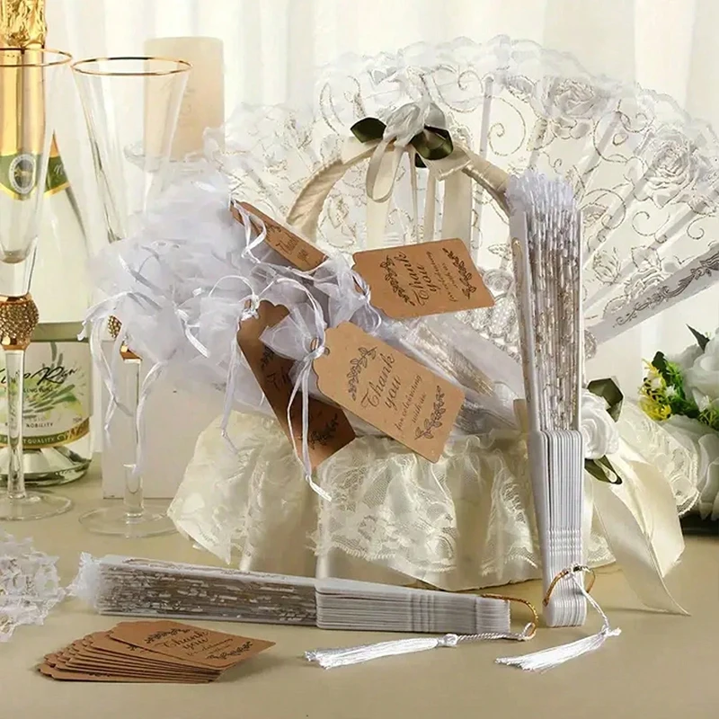 White Lace Floral Hand Fan Set Elegant Rose Print Favors with Tassels & Tags Perfect for Wedding Bridal Shower & Party Gifts TMZ