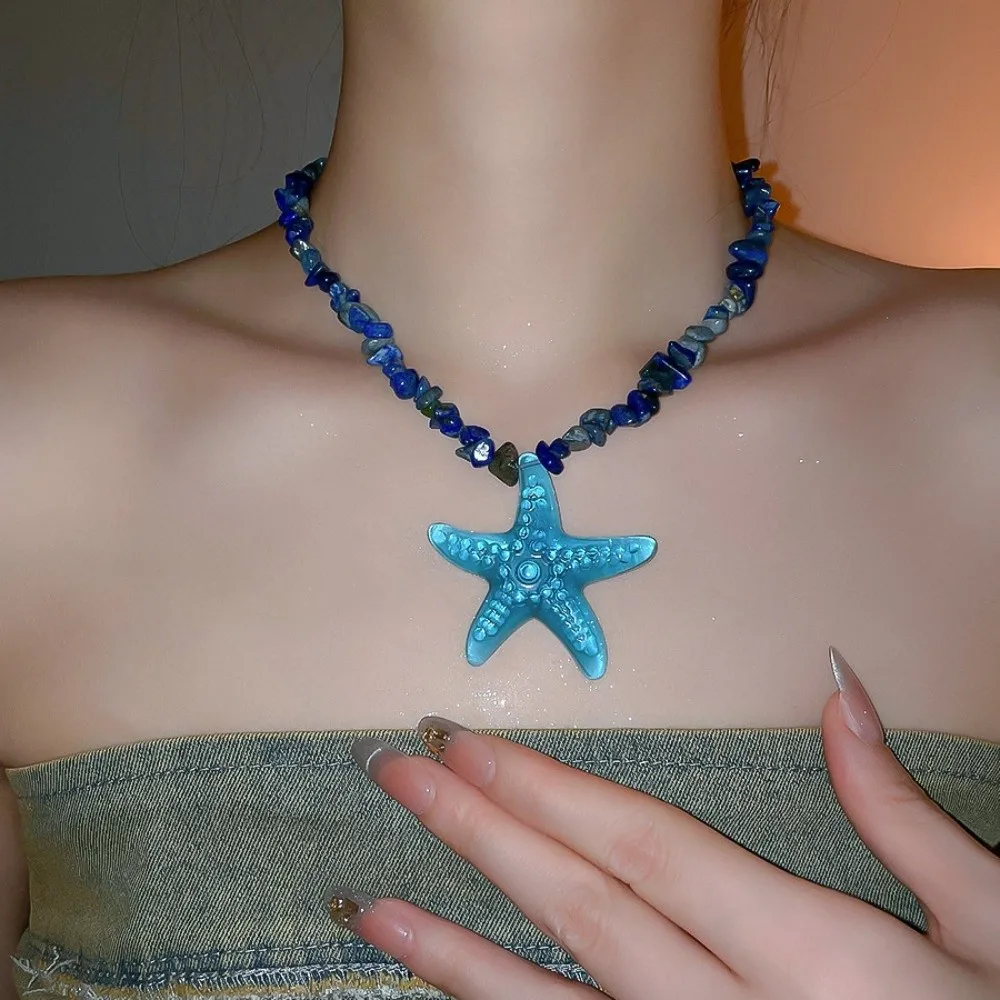 

Pendant Starfish Clavicle Chain Bohemian Style Y2K Accessories Starfish Necklace Resin Blue-vein Stone Beach Choker Girls Gift