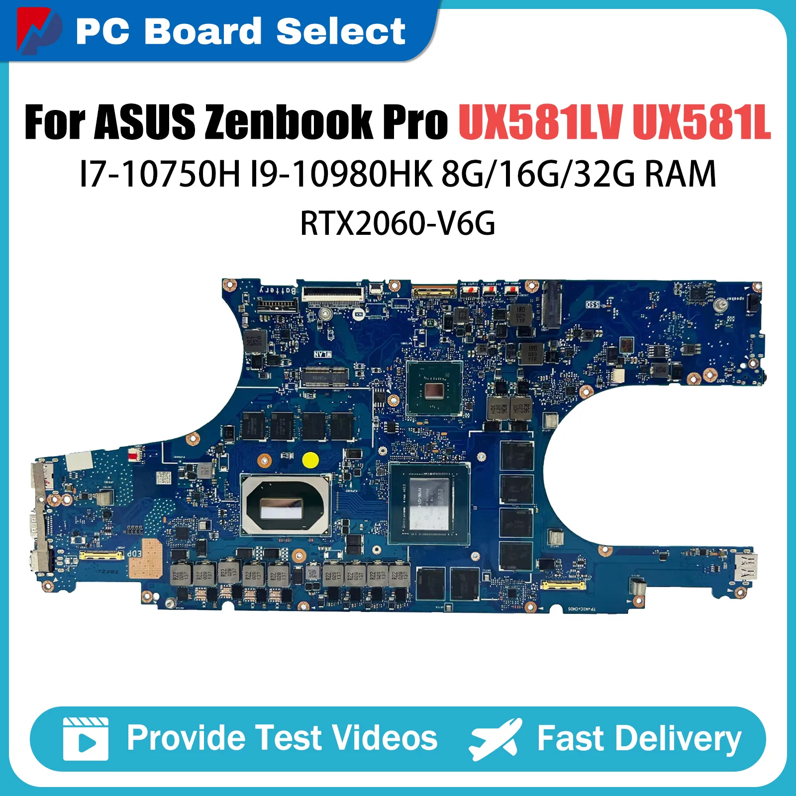 

UX581LV Laptop Mainboard For ASUS Zenbook Pro Duo UX581L Notebook Motherboard I7 10750H I9 10980HK CPU RTX2060 6G 16G 32G RAM