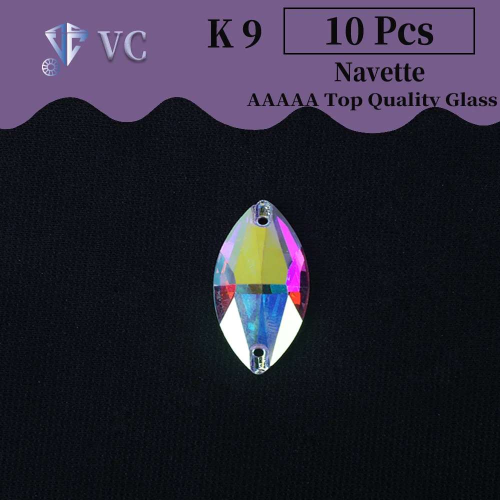 Vc Wholesale K9 10PCS Hand Sewn Flat Double Hole Navette Shaped Glass Rhinestones for Clothing Leisure Decoration