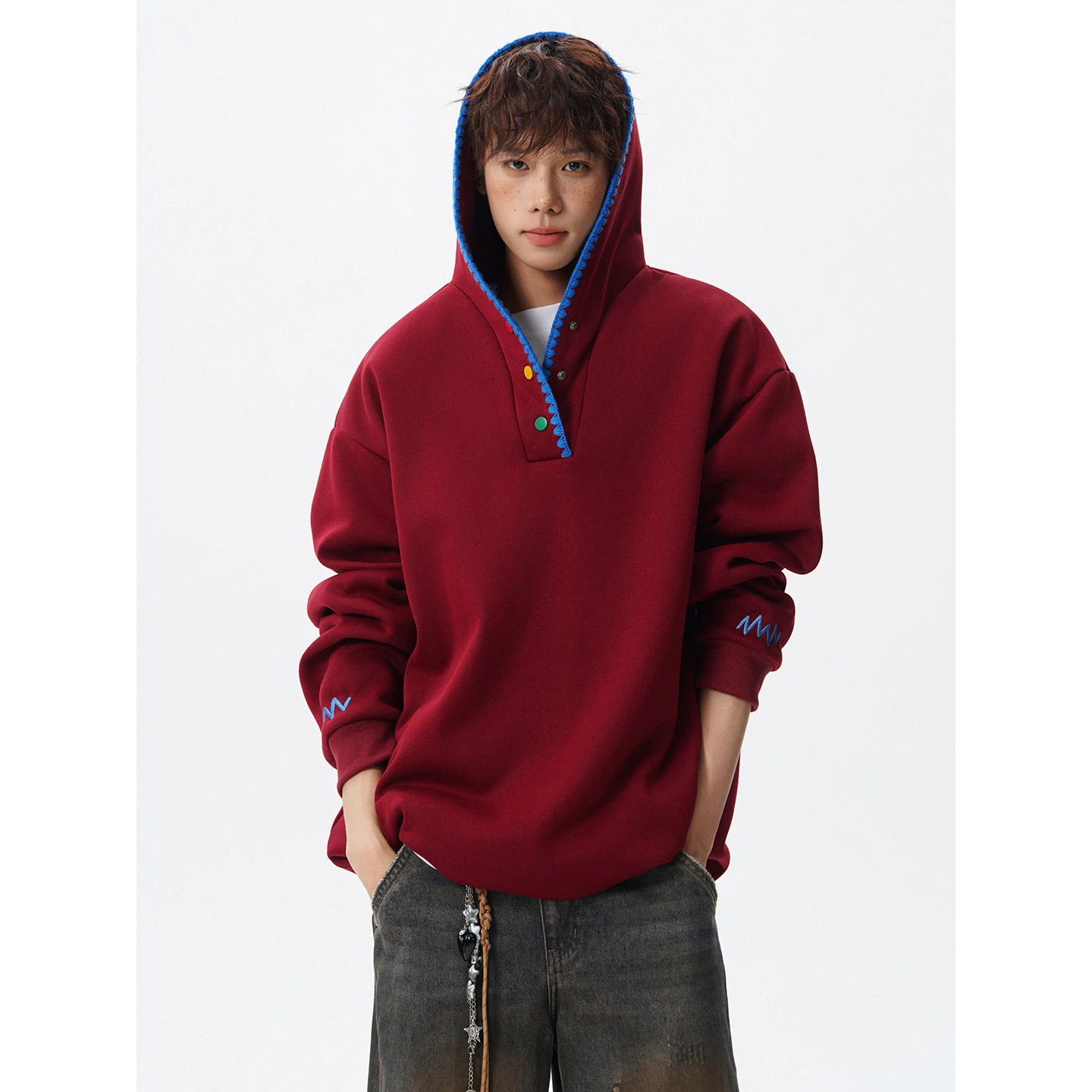 Dopamine Embroidery Hooded Sweatshirt, 10K-Stitch Trim Oversized Fit, Color Block Streetwear, Unisex Statement Piece​