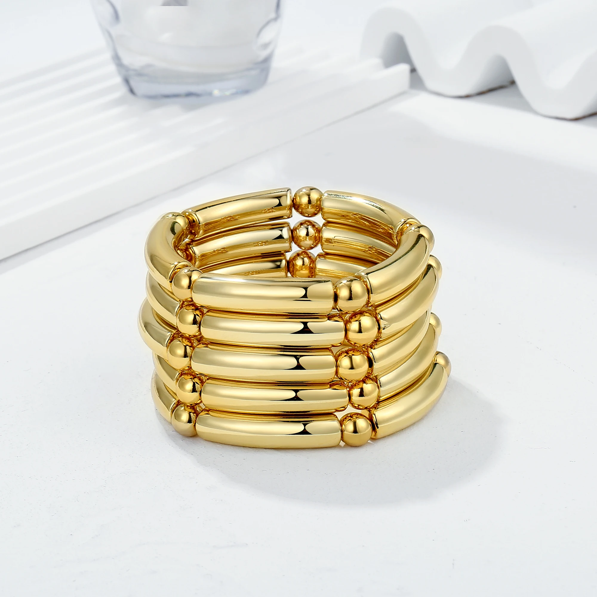 Badu Gold Color Chunky Bangle Bracelets for Women Stackable Thin Tube Beads Beaded Stretch Bracelet Modern Jewelry Gifts