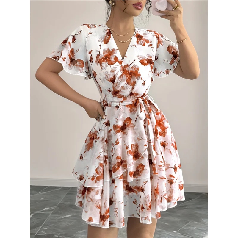 

ABRT-Womens Summer Dresses Floral V Neck Ruffled Hem Spaghetti Spring Casual Beach Outfits Flowy Wrap Sun Dress