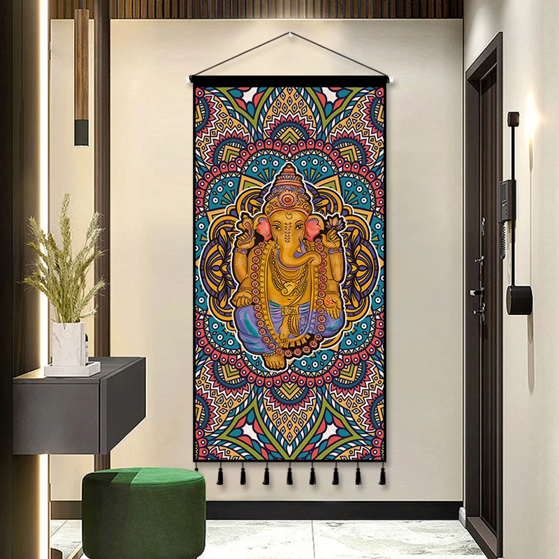 

Ethnic Elephant Tapestry Wall Hanging, Handmade Cotton Fabric Art for Living Room Background Home Decor with Style Print