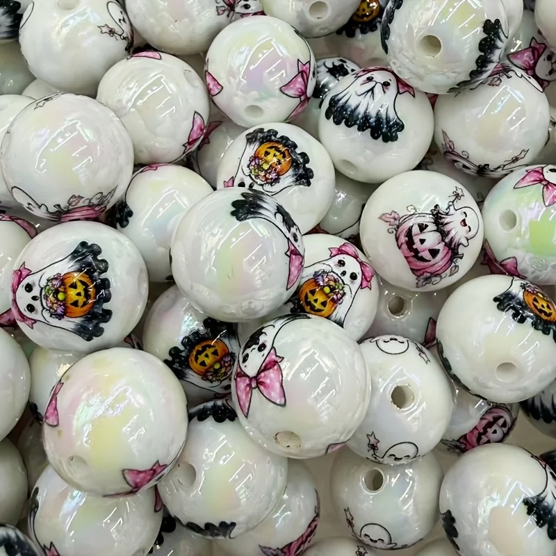 40pcs White Iridescent 16Mm Acrylic Round Ghost Printed Beads Random Mixed Pink Bow Halloween Through Hole Beads for Pen