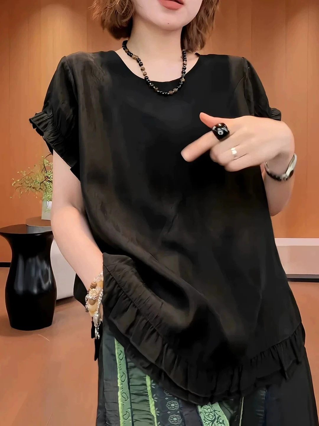 

Black Short Sleeve Shirt Women's Summer 2026 New plus Size Doll Shirt Fashionable Anti-Aging Top Wooden Korean Style