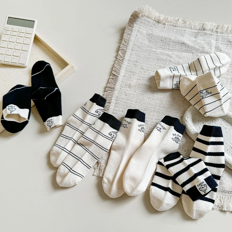5 Pairs Children Socks Black White Striped Crew Kids Socks Cute Puppy Soft Child Socks Breathable Cartoon Socks for Boys Girls