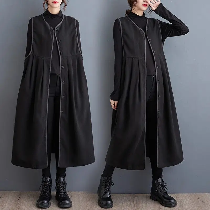 

Large Size Contrast Color Edging Mid Length Tank Top Dress Simple Versatile Long Black Fashion Good Quality Vest Dress z4038