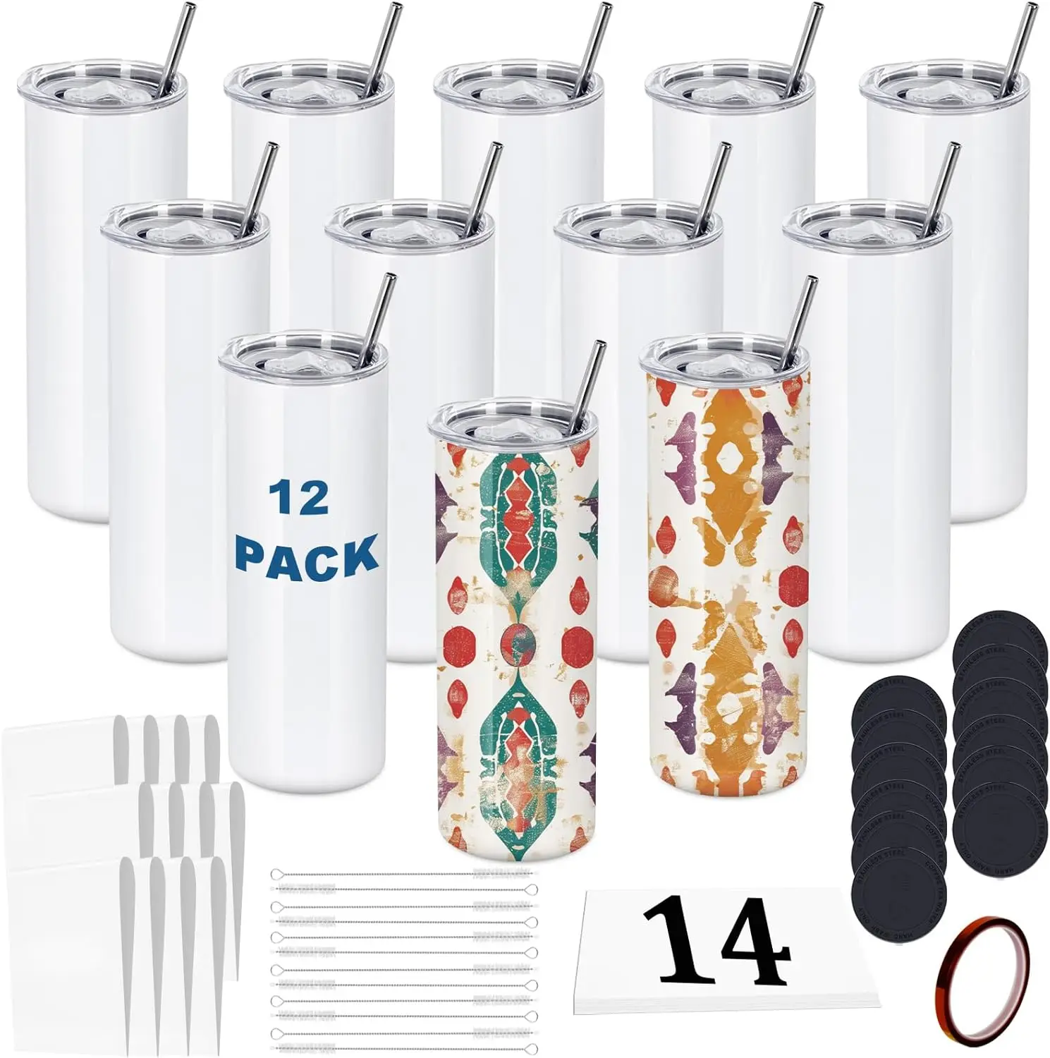 

12 Pack 20 OZ Sublimation Tumblers, Skinny Straight White Cups, Stainless Steel Insulated for Heat Transfer