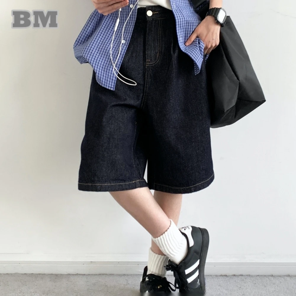 

Japanese Vintage Summer Denim Shorts Men Women Loose Fit Casual Blue Mid-Length Streetwear Trendy Basic High Quality Jeans