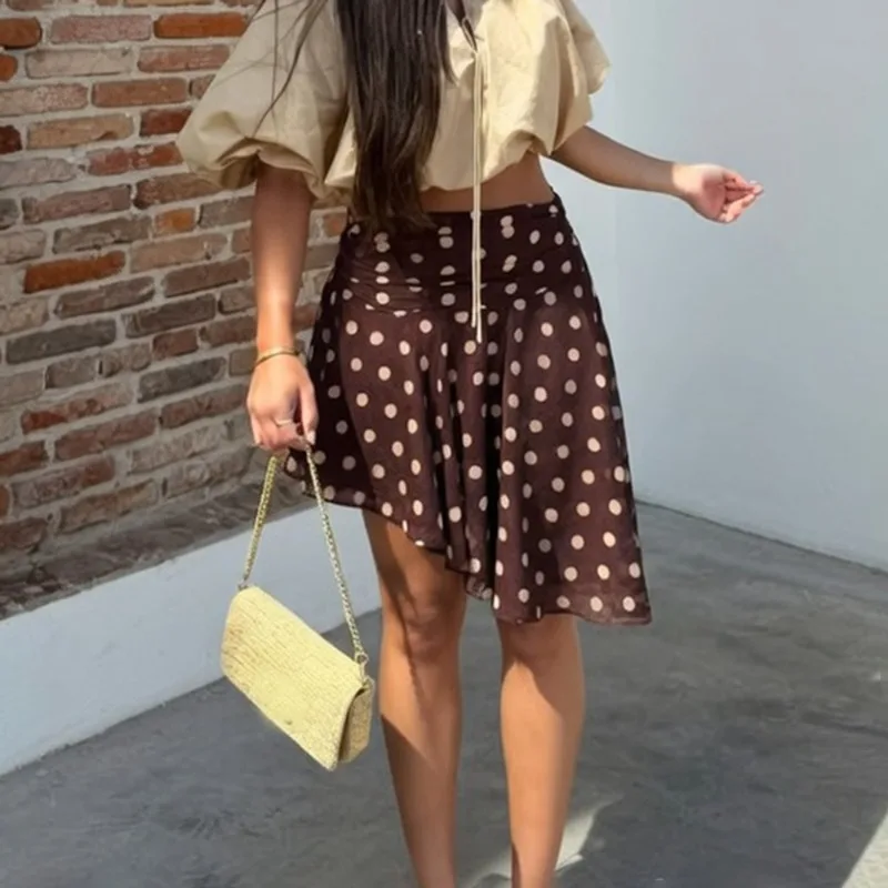 

Ticketsx Vintage Polka Dot Skirts Fashion Ruched Patchwork High Waist Asymmetrical Skirts Summer Party Vacation Women's Skirts