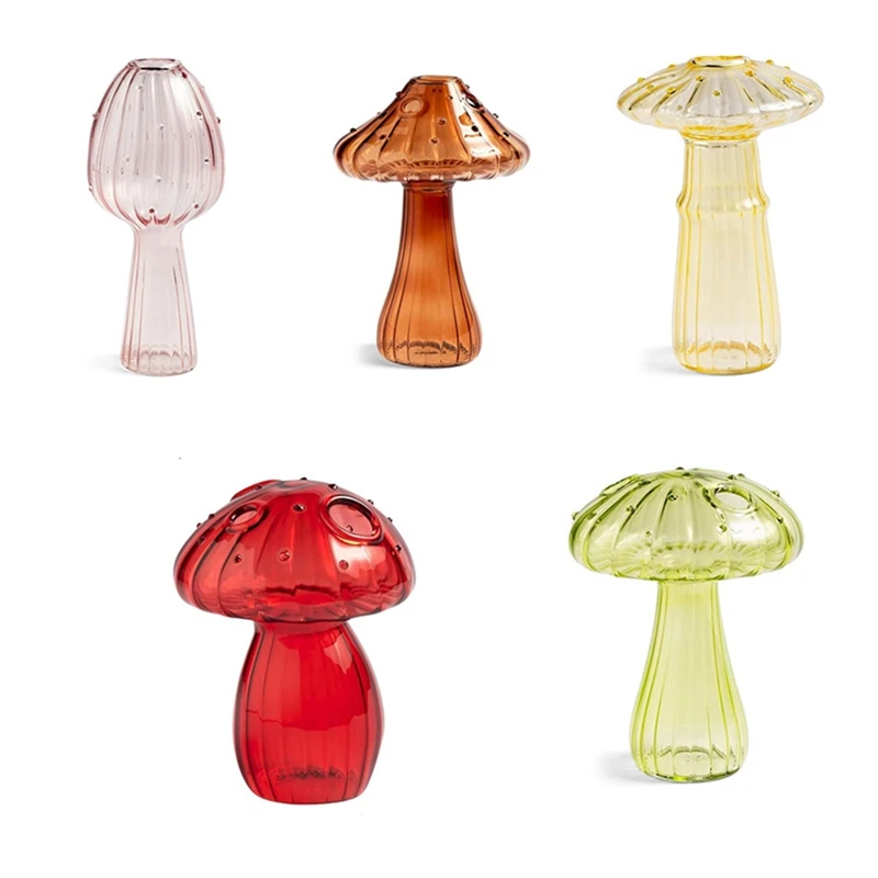 Set Of 5 Mushroom Glass Planter Colored Plant Propagation Station For Plants, Unique Small Glass Vase