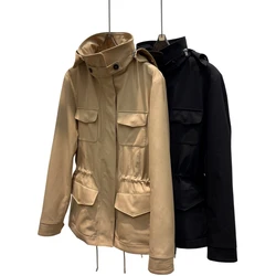 Standing collar hooded detachable sleeve zipper trench coat drawstring pocketsWaterproof Technology Fabric, Tight Waist,A25006