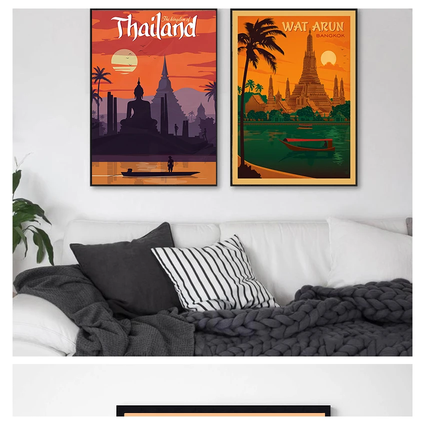 Canvas Paintings Vintage Wall Pictures Kraft Posters Coated Stickers Home Decoration Gift Visit Bangkok Thailand Travel