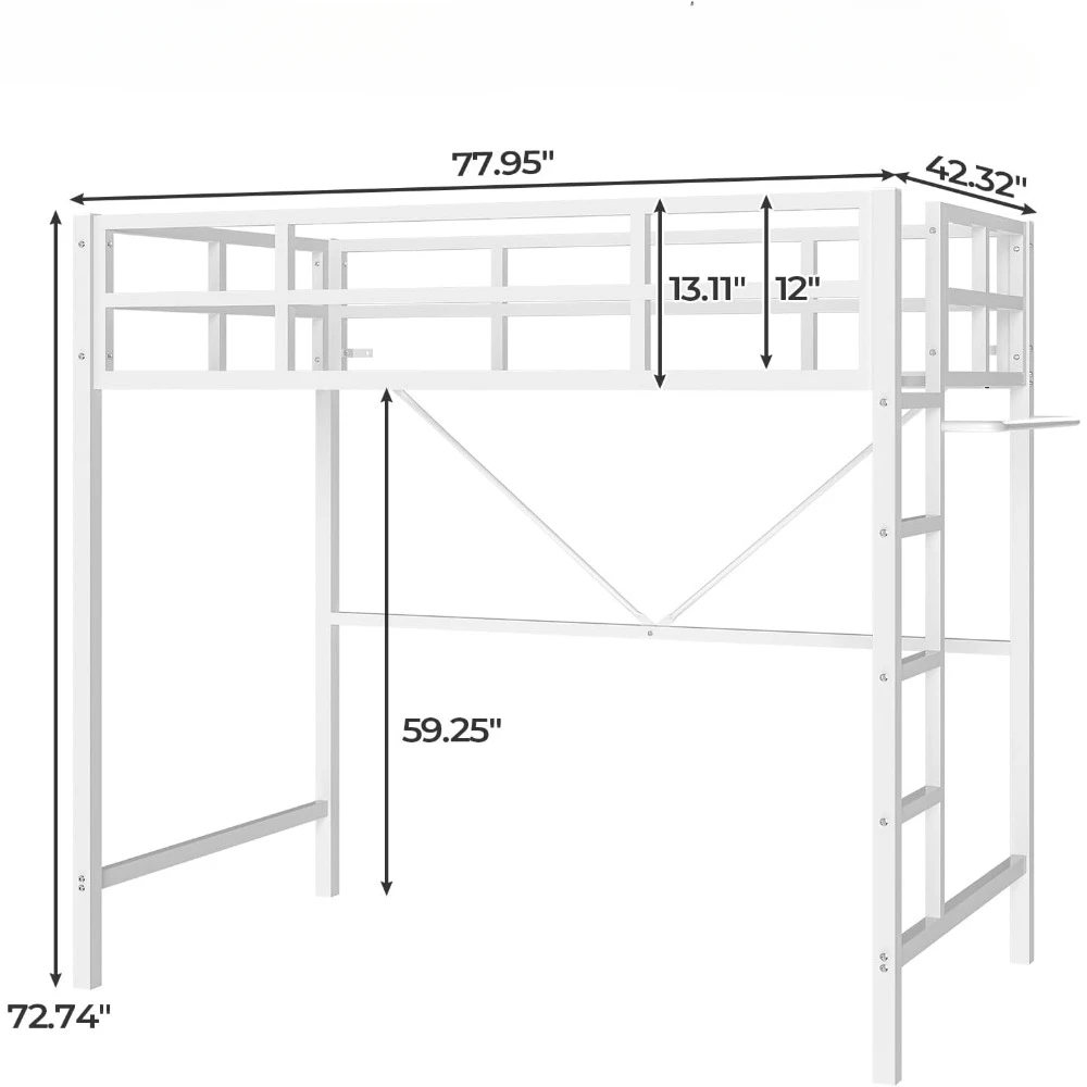 Loft Bed Twin Size with Led Lights Heavy Duty Metal Junior Twin Loft Bed Frame with Full-Length Guardrail and Ladder,Noise-Free