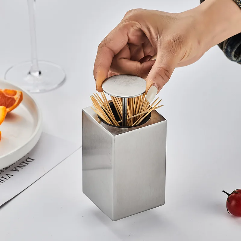 

Press-type toothpick holder - 304 stainless steel portable European-style toothpick can with automatic toothpick release storage